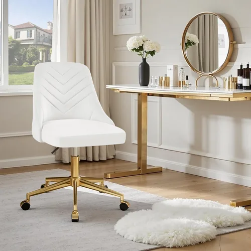 Vista 2 de VECELO Silla de escritorio de terciopelo con altura ajustable para oficina, sala de estar, dormitorio, estudio de maquillaje, giro de 360°, base