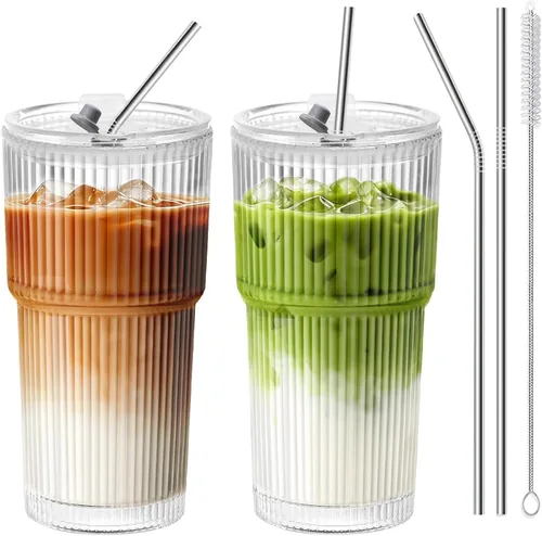 HIGIINC Tazas de café helado con tapas y pajitas, 2 unidades, tazas de vidrio de 20 onzas con tapas y pajitas, vaso de vidrio acanalado transparente