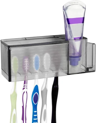 Linkidea - Soporte de pared para cepillos de dientes con 5 ranuras con cubierta para baño, organizador de almacenamiento de plástico para pasta de