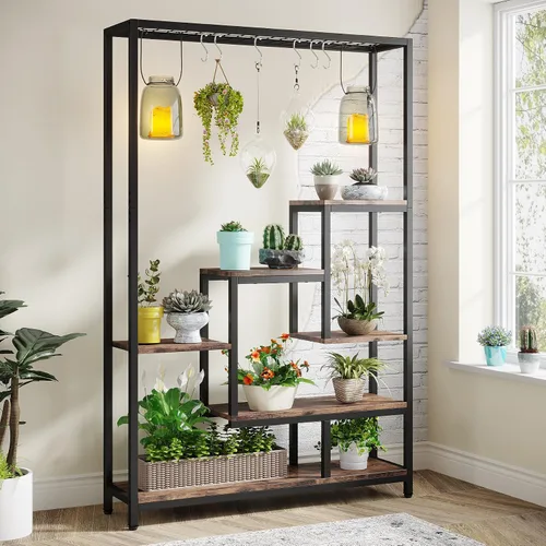 Tribesigns Soporte alto para plantas de interior de 5 niveles, estante grande de metal para plantas de 70.9 pulgadas con 6 ganchos colgantes en S