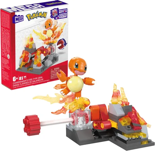MEGA Juego de Juguetes de Construcción Pokémon Set Giro de Tipo Fuego de Charmander con 81 Piezas, 1 Personaje Posable y Movimiento, para Niños