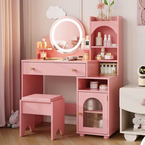 Vabches Juego de tocador para niños con espejo y luces, mesa de tocador y