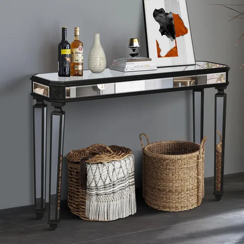 Vista 21 de SSLine Mesa de consola negra con espejo para sala de estar, mesa de entrada moderna de espejo de 43 pulgadas con base de cristal en forma de O