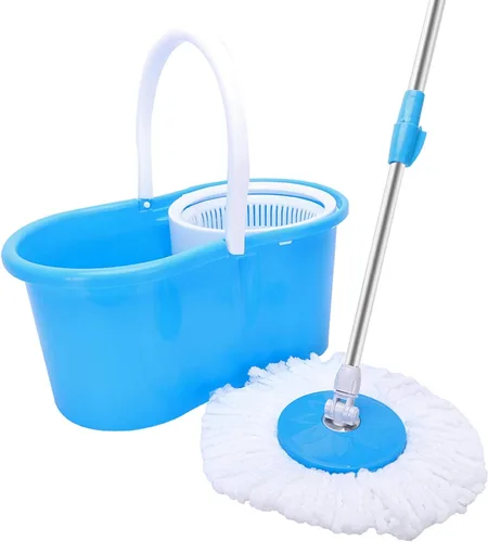 Juego de trapeador giratorio de 360 grados y cubo con 2 almohadillas de microfibra para trapeador, sistema de limpieza de pisos con escurridor para
