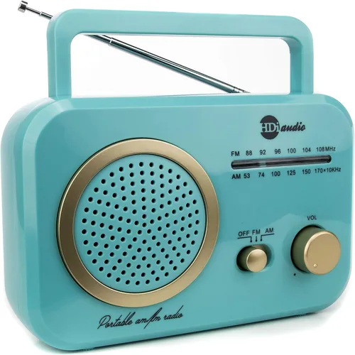 Radio Turquesa/Oro Premium Home Vintage Portátil Retro Radio Classic AM/FM Radio con altavoces integrados + conector para auriculares