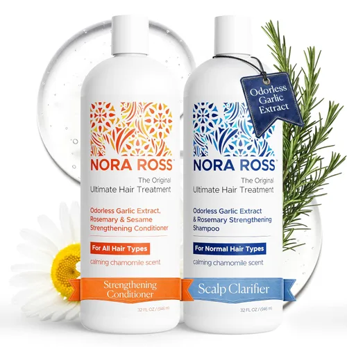 Nora Ross - Juego de champú y acondicionador de ajo, cuidado diario del cabello, 32 onzas cada uno Champú y acondicionador de etiqueta azul/naranja