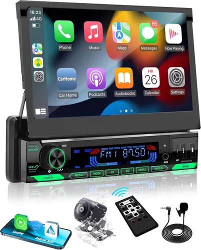 Vista 8 de [Motorizado] Y-METDRIVING estéreo de coche de un solo DIN de 7 pulgadas con pantalla táctil abatible con Apple Carplay inalámbrico y Android Auto