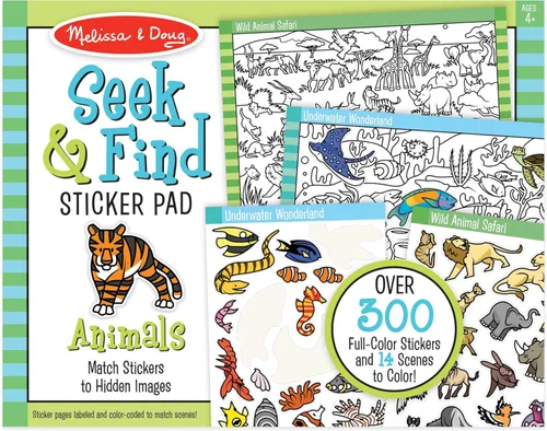 Melissa & Doug - Hoja de calcomanías Busca y Encuentra, Animales (más de 400 calcomanías, 14 escenas para colorear) Hojas de calcomanías de búsqueda