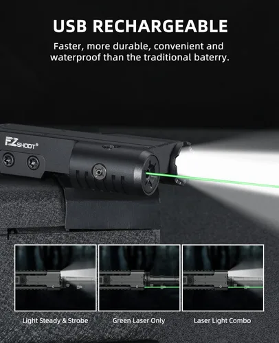 Vista 5 de EZshoot Combo de luz láser de rifle de 1600 lúmenes con recargable por USB, combo de luz láser verde compatible con riel Picatinny, linterna táctica