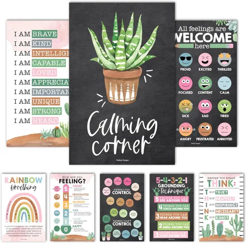 Hadley Designs 8 Pósters de Rincón Calmante para Elementos Esenciales del Aula para Maestros - Suministros para Rincón de Calma de 11x17, Tabla de