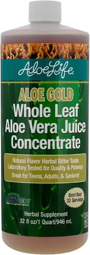 Aloe Life - Jugo de aloe vera de hoja entera, certificado orgánico, sin gluten (Aloe Gold, 32 oz)