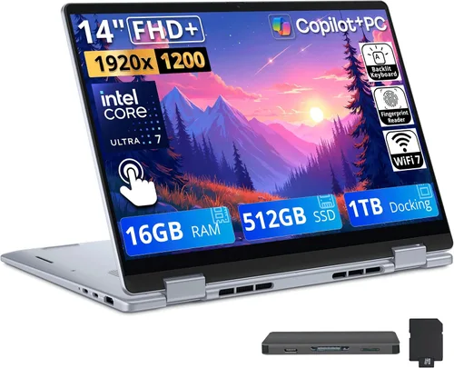 Dell Laptop con pantalla táctil FHD+ 2 en 1 de 14 pulgadas, Intel Ultra 7 de 256 V, 16 GB de RAM, almacenamiento de 1.5 TB (512 GB SSD+1 TB de