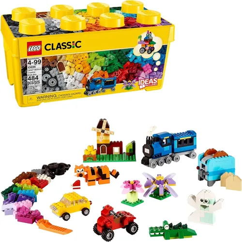 LEGO Classic Medium Creative Brick Box 10696 - Juego de bloques de construcción, con almacenamiento, incluye tren, automóvil y una figura de tigre