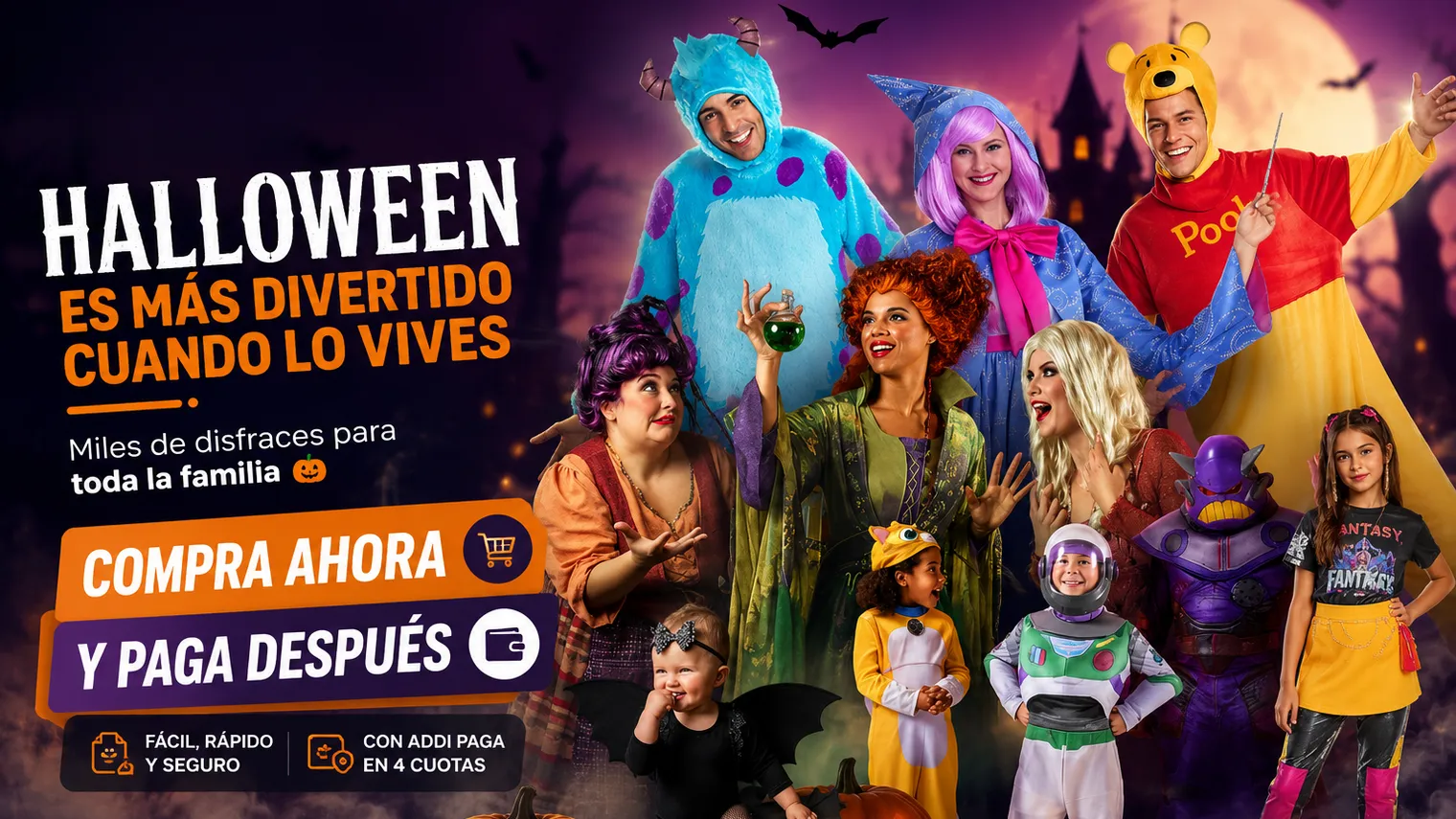 Halloween es más divertido cuando lo vives — miles de disfraces originales con licencia para toda la familia, con envío a Colombia y pago en cuotas con aliados financieros